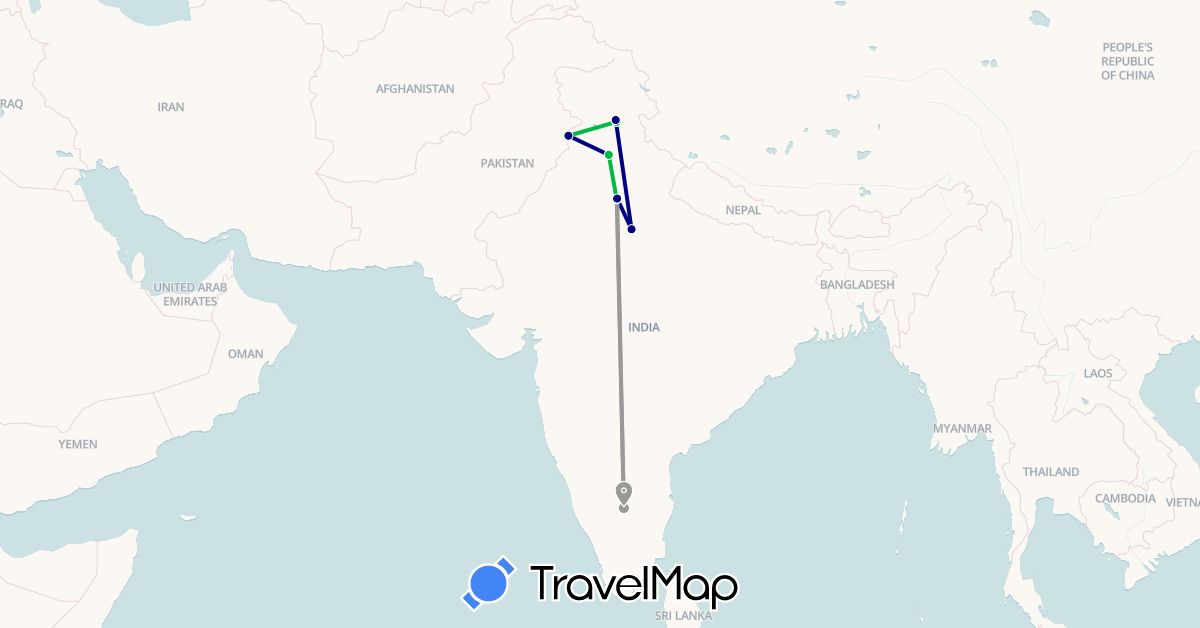 TravelMap itinerary: driving, bus, plane in India, Pakistan (Asia)
